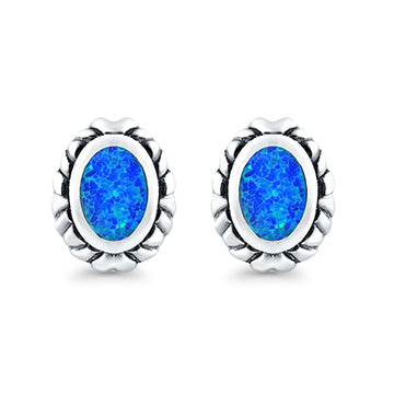 Oval Stud Earrings Lab Created Blue Opal 925 Sterling Silver (10mm)